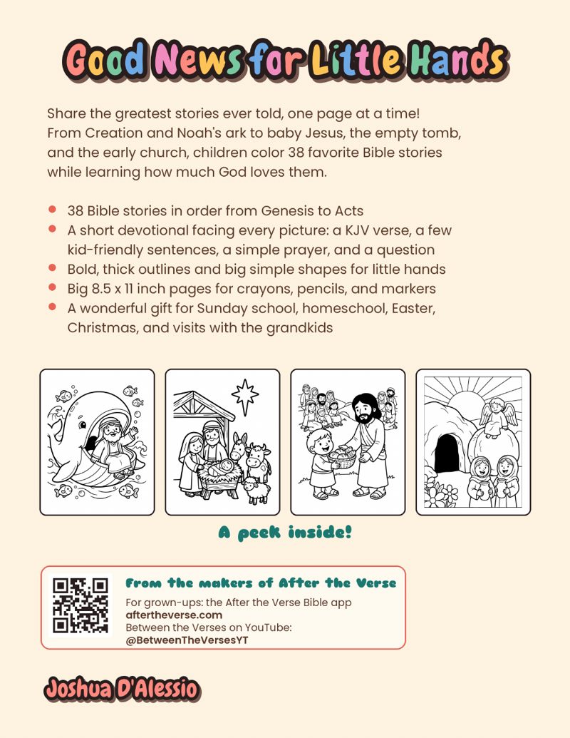 Back cover of Good News for Little Hands showing a description, sample coloring pages and the After the Verse app link