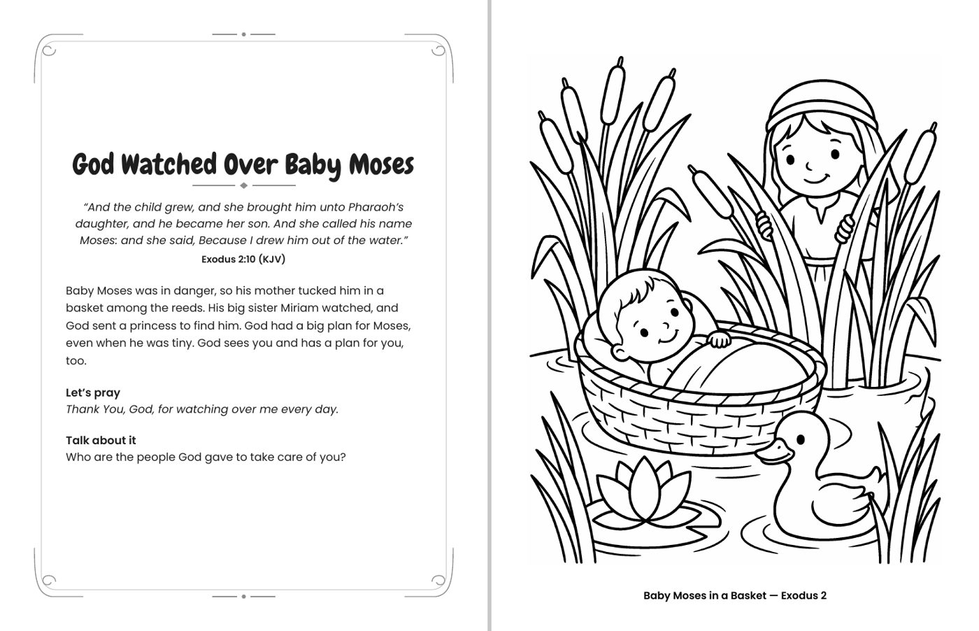 Inside Good News for Little Hands: Baby Moses in a Basket (Exodus 2) coloring page with its facing devotional page, including a KJV verse, a short prayer and a Talk about it question