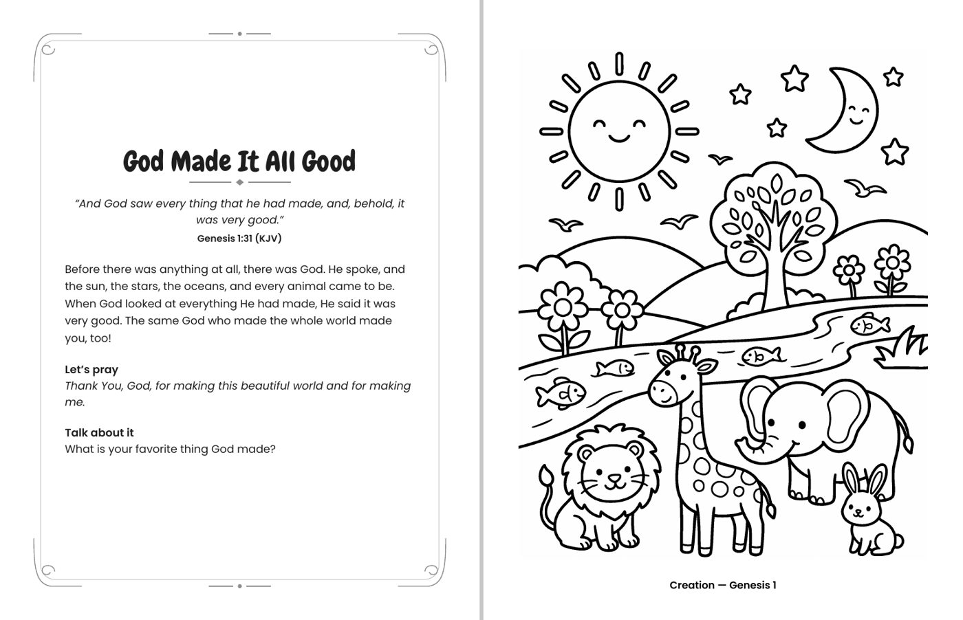 Inside Good News for Little Hands: Creation (Genesis 1) coloring page with its facing devotional page, including a KJV verse, a short prayer and a Talk about it question