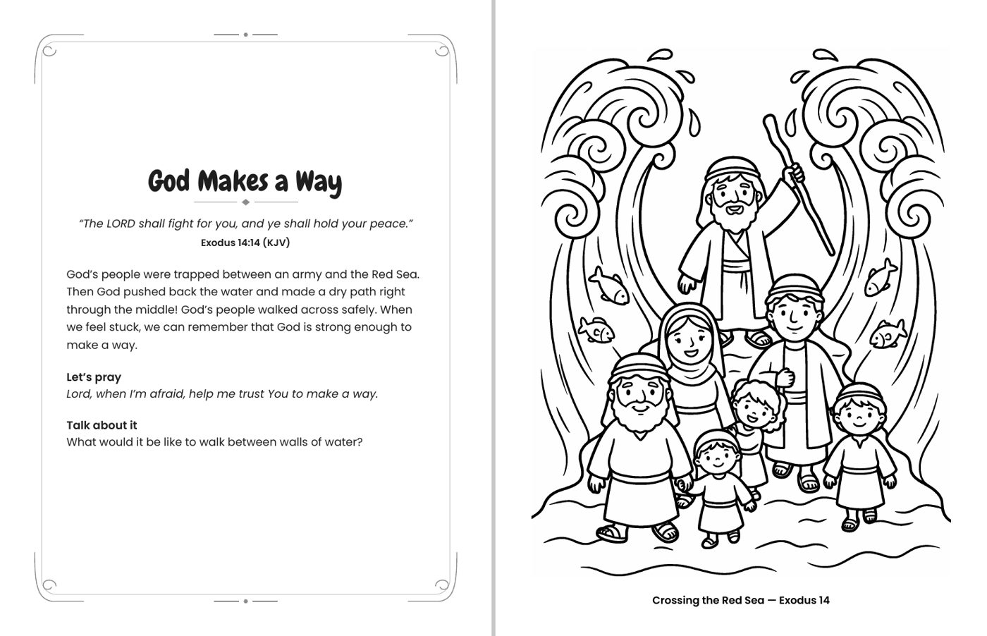 Inside Good News for Little Hands: Crossing the Red Sea (Exodus 14) coloring page with its facing devotional page, including a KJV verse, a short prayer and a Talk about it question