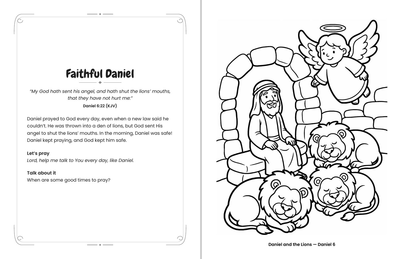 Inside Good News for Little Hands: Daniel and the Lions (Daniel 6) coloring page with its facing devotional page, including a KJV verse, a short prayer and a Talk about it question