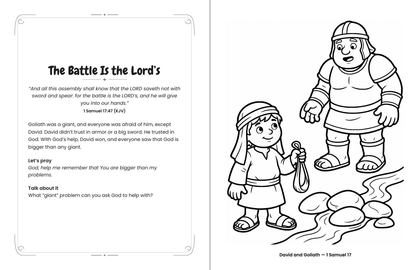 Inside Good News for Little Hands: David and Goliath (1 Samuel 17) coloring page with its facing devotional page, including a KJV verse, a short prayer and a Talk about it question