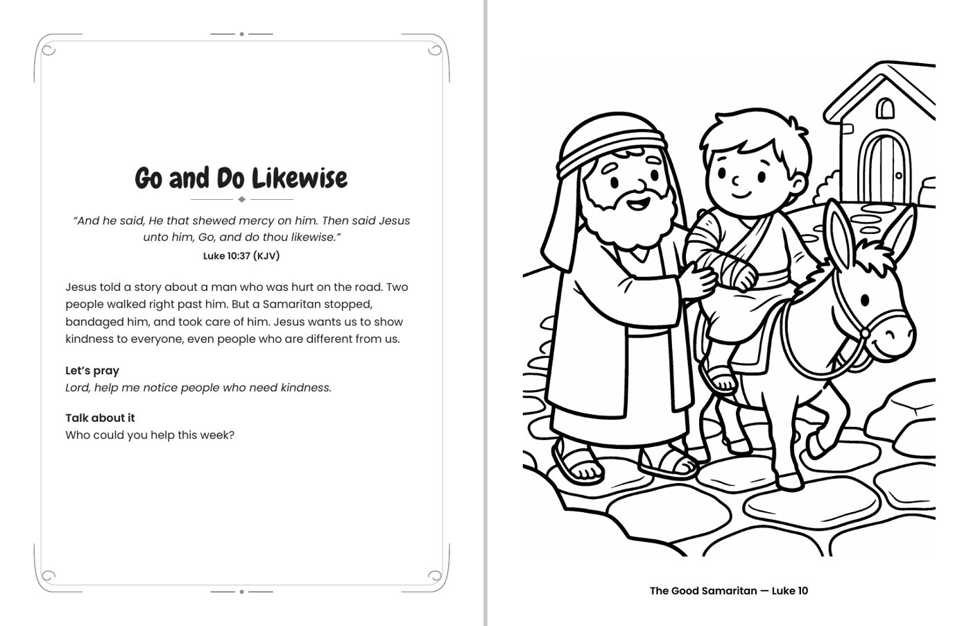 Inside Good News for Little Hands: The Good Samaritan (Luke 10) coloring page with its facing devotional page, including a KJV verse, a short prayer and a Talk about it question
