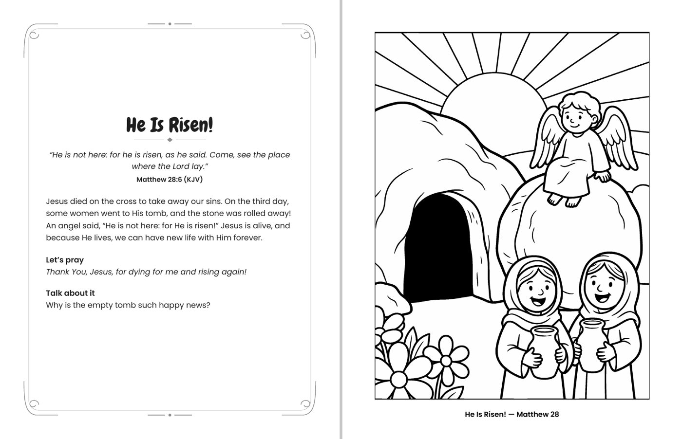 Inside Good News for Little Hands: He Is Risen! (Matthew 28) coloring page with its facing devotional page, including a KJV verse, a short prayer and a Talk about it question