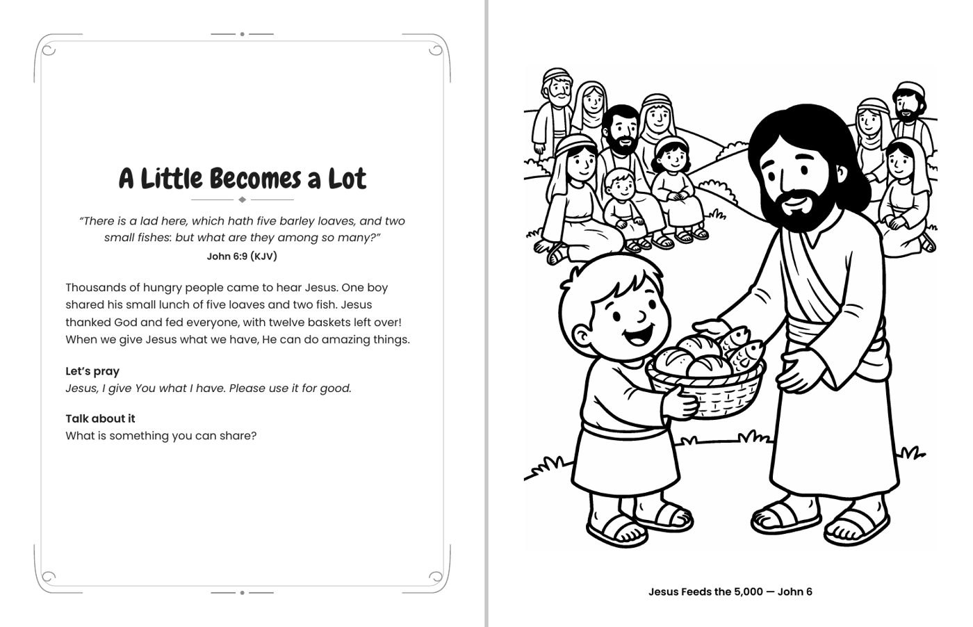 Inside Good News for Little Hands: Jesus Feeds the 5,000 (John 6) coloring page with its facing devotional page, including a KJV verse, a short prayer and a Talk about it question