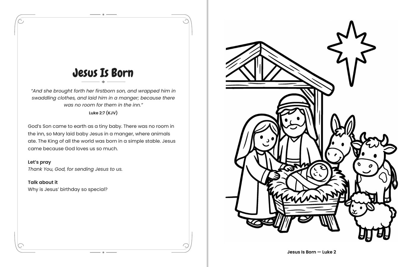 Inside Good News for Little Hands: Jesus Is Born (Luke 2) coloring page with its facing devotional page, including a KJV verse, a short prayer and a Talk about it question