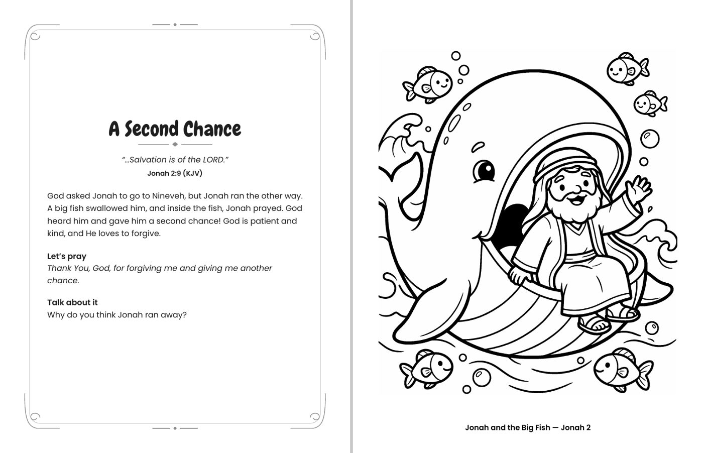 Inside Good News for Little Hands: Jonah and the Big Fish (Jonah 2) coloring page with its facing devotional page, including a KJV verse, a short prayer and a Talk about it question