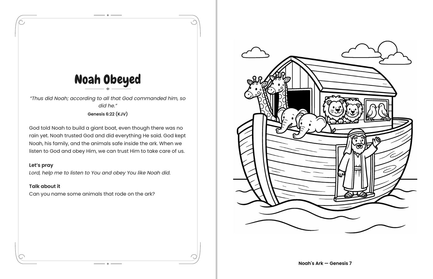 Inside Good News for Little Hands: Noah's Ark (Genesis 7) coloring page with its facing devotional page, including a KJV verse, a short prayer and a Talk about it question