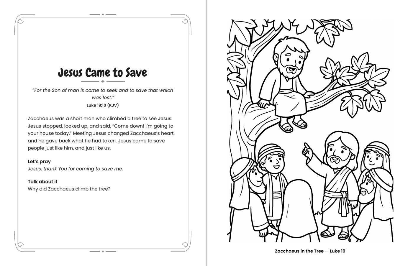Inside Good News for Little Hands: Zacchaeus in the Tree (Luke 19) coloring page with its facing devotional page, including a KJV verse, a short prayer and a Talk about it question
